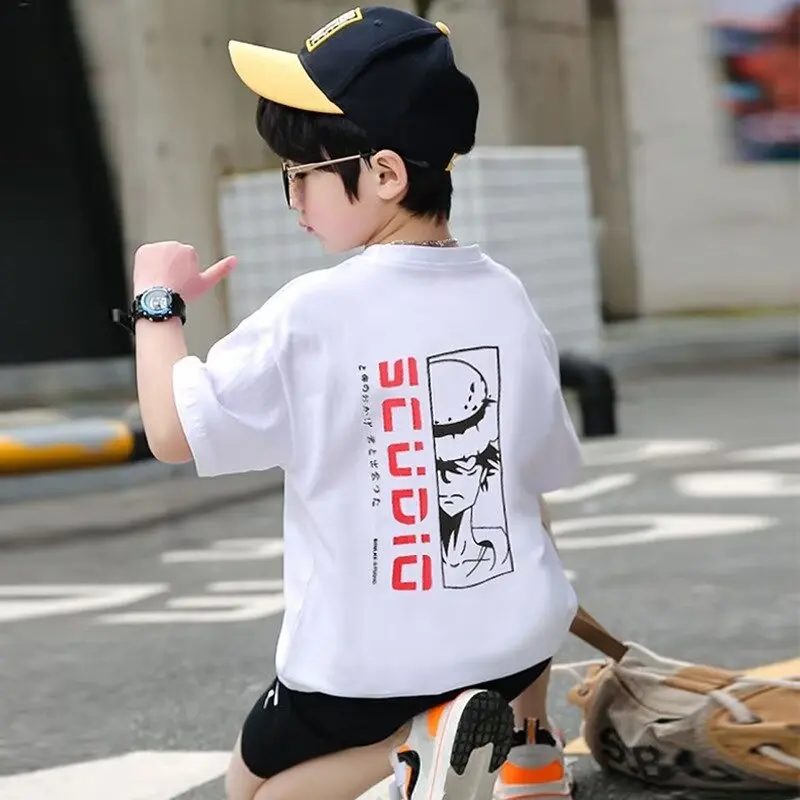 

Футболка для мальчиков с японским мультяшным принтом, Высококачественный Свободный удобный хлопковый дышащий спортивный топ с впитывающим пот
