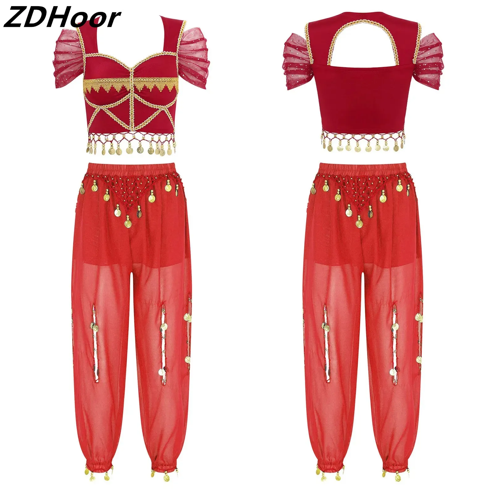 

Womens Belly Dance Outfit Mesh Sleeve Cutout Back Built-in Chest Pads Crop Top with Bloomers Pants for Carnivals Performance