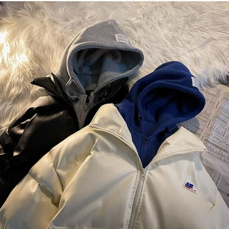 Fake Two-Piece Cotton-Padded Coat Men Winter Korean Style Loose PU Leather All-Matching Hooded Handsome Cotton Jacket Coat