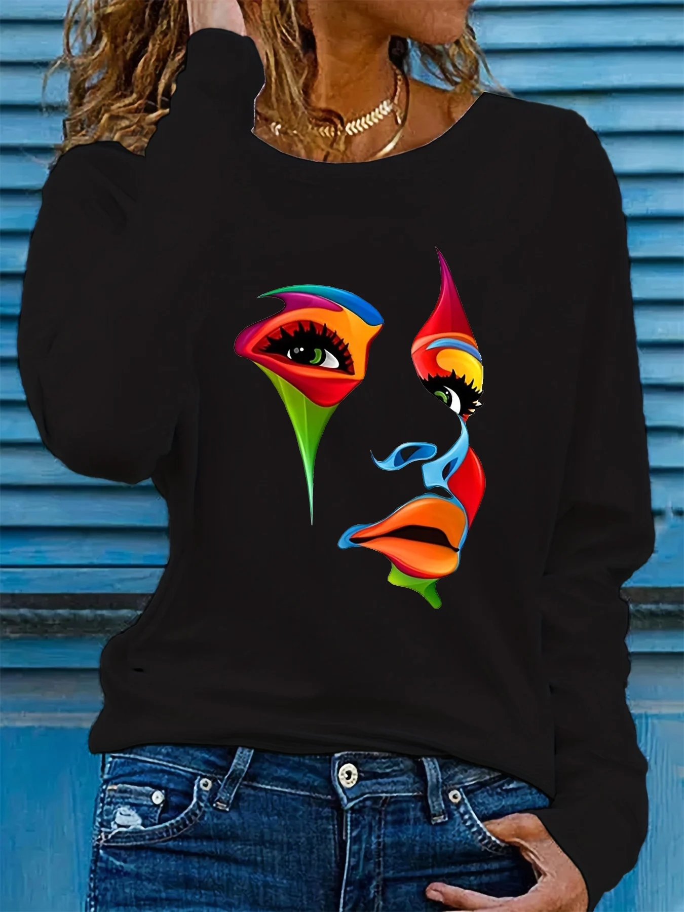 100% pure cotton women's spring and autumn casual fashion long sleeved portrait graphic printed round neck T-shirt 1