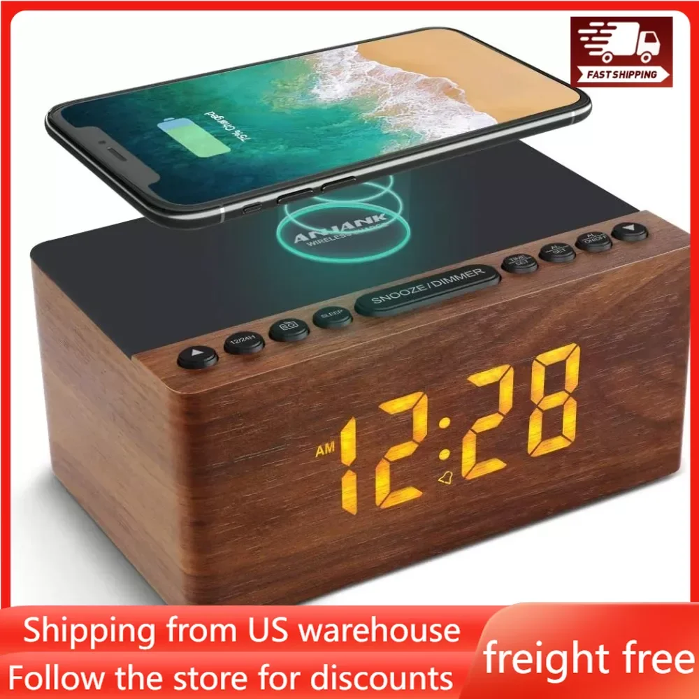 

Digital LED Alarm Clock FM Radio, Fast Wireless Charger Station, USB Charging Port, Sleep Timer for Bedroom, Bedside, Desk Wood