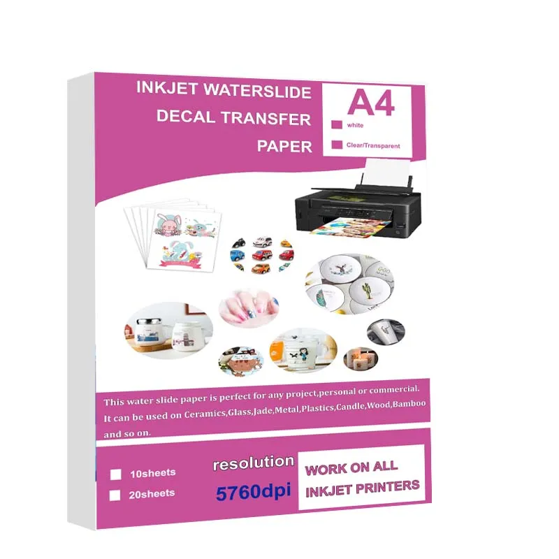10 枚 DIY A4 インクジェット ウォータースライド デカール転写紙 ホワイト クリア レーザー ウォータースライド デカール紙 インクジェット レーザー プリンタ用