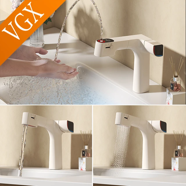 VGX Rubinetti per bagno purificati Rubinetto con filtro dell'acqua estraibile Miscelatore per lavabo bianco Rubinetto per lavabo Display a LED gourmet Gru per rubinetteria in ottone 5
