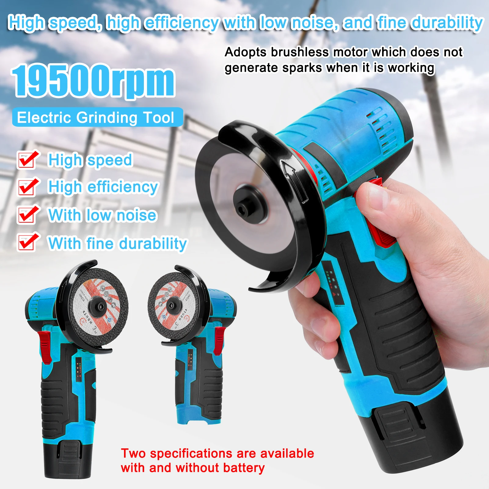 Electric Angle Grinder Cordless 9500rpm Handheld Polishing Grinding Machine Diamond Cutting Power Tools 12V Battery Rechargeable