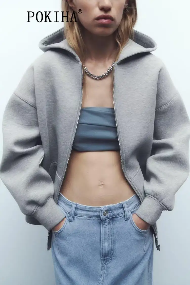 

Pokiha Fashion Women New Casual Oversized Hooded Jacket Coat Vintage Long Sleeve Front Zipper Female Outerwear Chic Tops