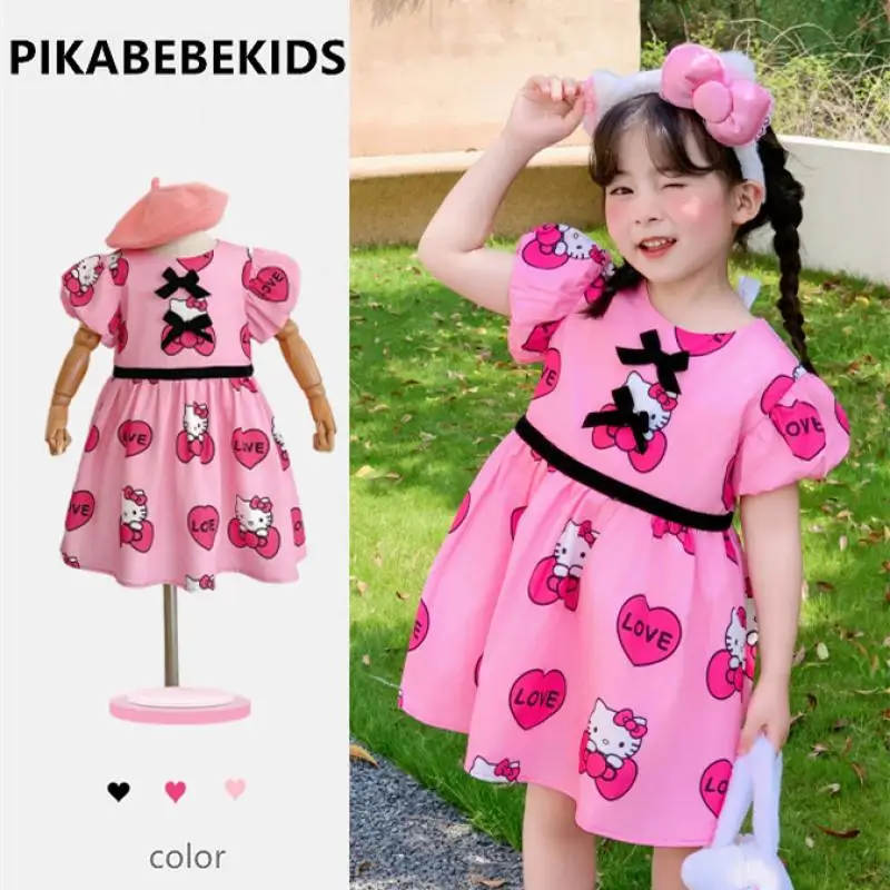 

Новинка, детское платье Sanrios Hello Kittys с пышными рукавами, летняя Милая трапециевидная юбка для девочек с героями мультфильмов, милые юбки с бантом