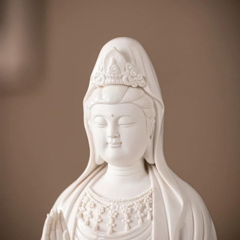 White Porcelain Guanyin Statue Standing Goddess of Mercy Bodhisattva Figure, Chinese Buddhist Altar Sculpture ，Zen Decor