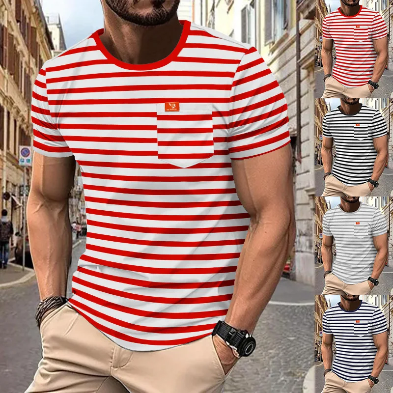

2024 Men's Large Size New Summer Men's Fashion Casual Striped Short Sleeve Top Men's round Neck T-shirt Now Ws