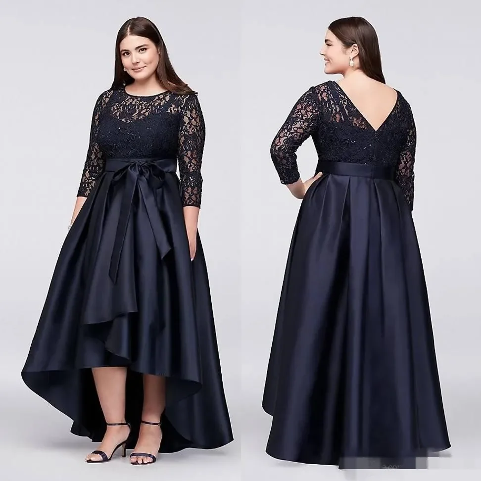 

2024 Navy Blue Plus Size Evening Dresses 3/4 Long Sleeves Lace Satin Sash Bow Ribbon A Line Scoop Neck High Low Prom Party Gowns