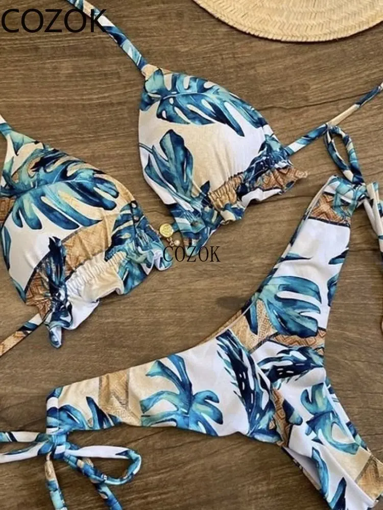 Sexy Micro Bikinis Set 2023 New Swimsuit Women Feather Print Bandage Swimwear Female Bathing Suit Brazilian Biquinis