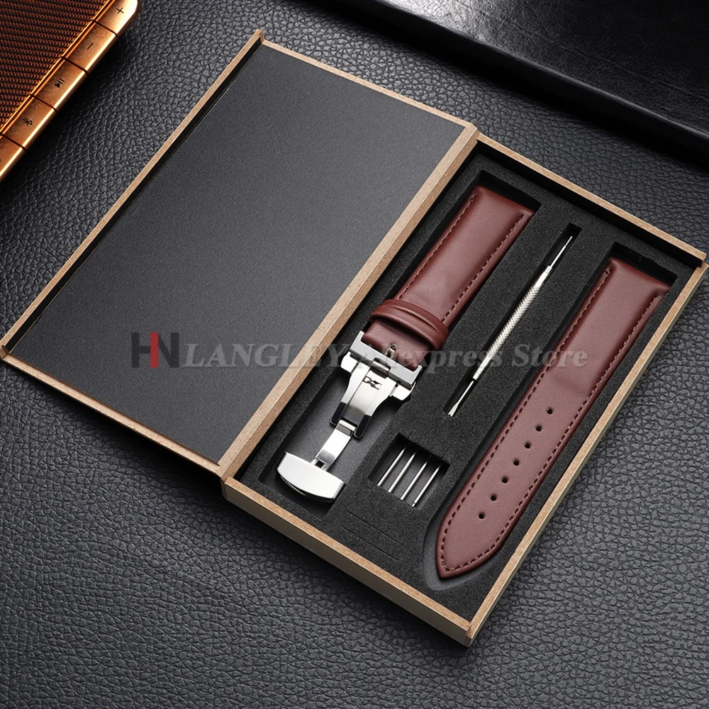 Elegant Leather Watch Strap with Butterfly Clasp and Wooden Box Packaging