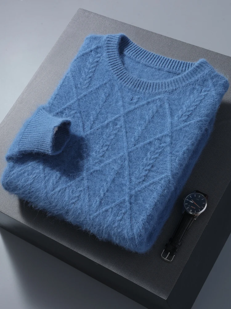 100% Mink Cashmere Autumn Winter Men O-Neck Sweater Cable Knitting Thick Pullover High Quality Smart Casual Cashmere Knitwear 4