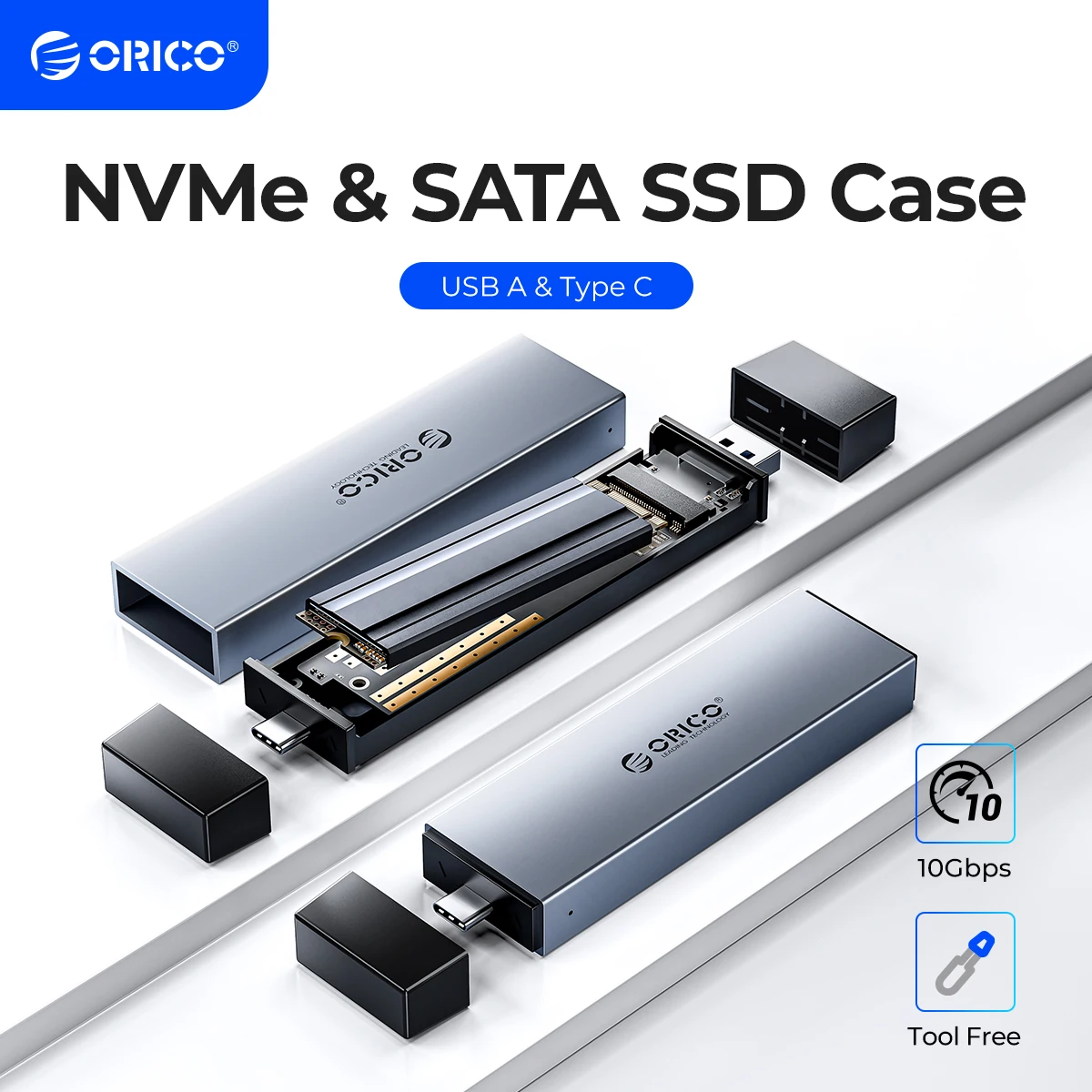 Orico-ferramenta de Disco Rígido Ssd de Alumínio em Usb a Tipo-c Interface Dupla M.2 Suporte a Case m2 Nvme Chave m Sata Ngff m & b Chave Livre