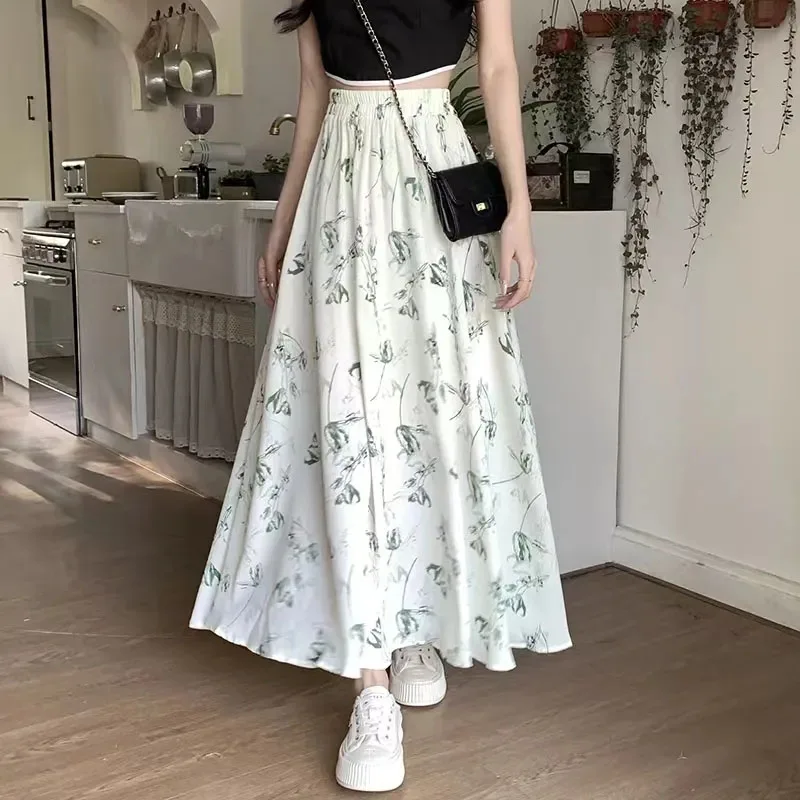 

Vintage Floral Print Chiffon Skirts Women Summer High Waist All Match Midi Skirts Korean Loose Streetwear A Line Skirts New