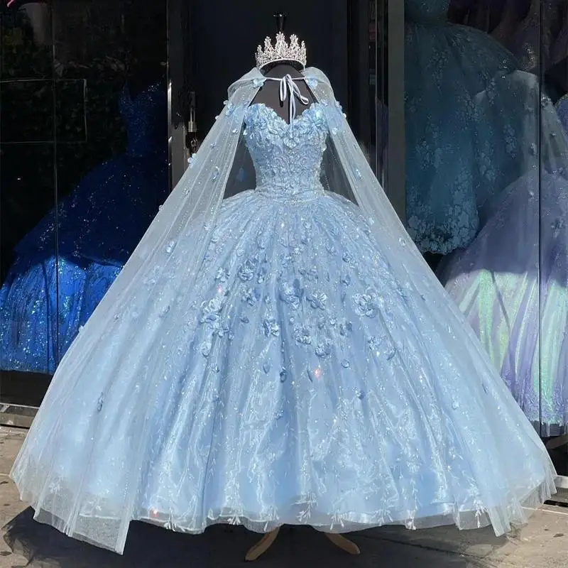 

Light Blue Quinceanera Dresses With Cloak Off Shoulder Floral Beading Lace Princess Birthday Party Gowns Corset