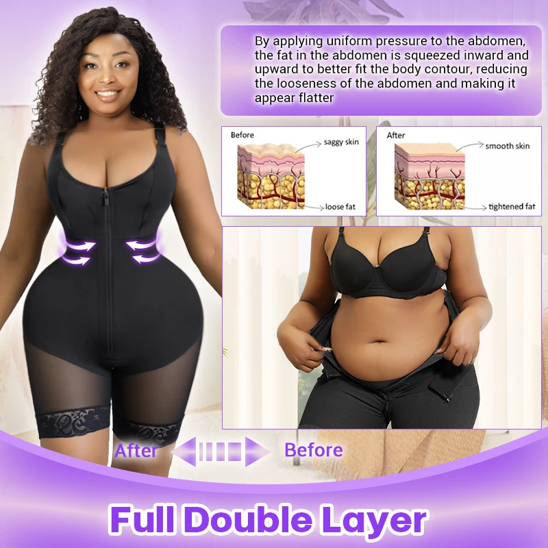 Plus size shapewear with front zipper, wide straps, and smooth black bodysuit design