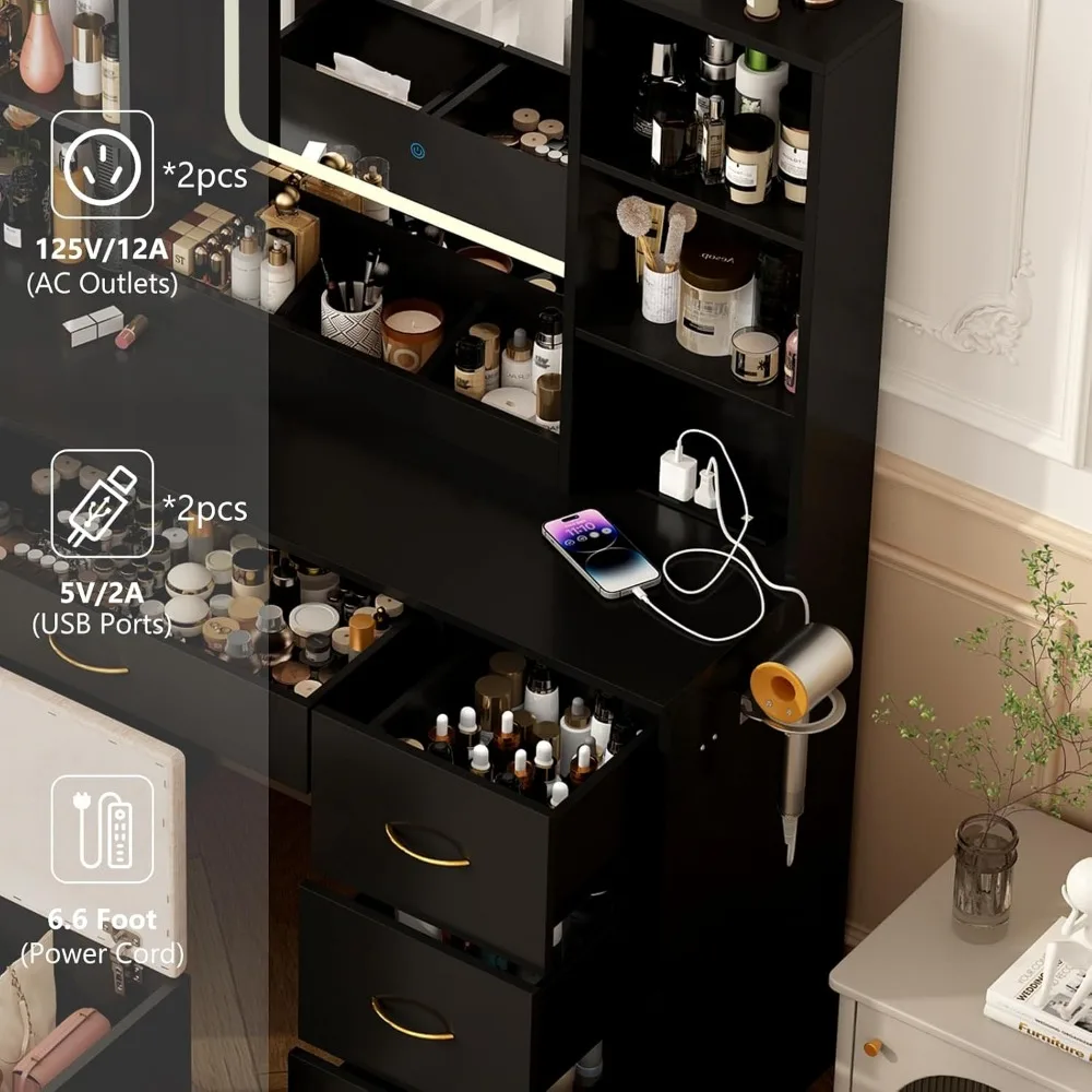 47" Large Vanity Desk with Mirror and Lights, LED Vanity Set with Stool and Power Outlet, Drawers and 3 Lighting Modes, Dresser