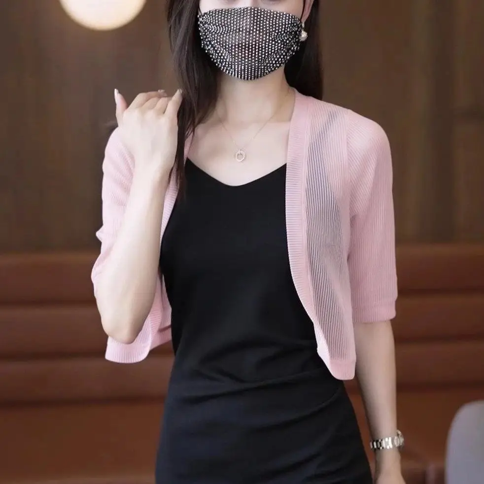 2023 봄 여름 여성 우아한 자른 하프 슬리브 자르기 탑 미니 경량 가디건 어깨 걸이 오픈 프론트 드레이프 가디건