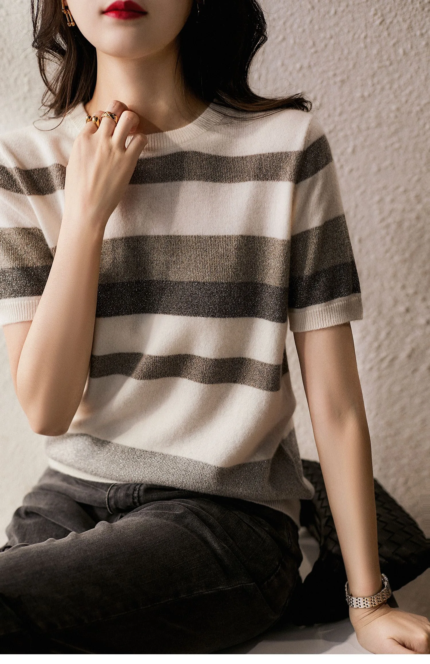 Women's Spring/summer 2022 Loose half Sleeve Striped ice knitted shirt with round collar and short sleeve