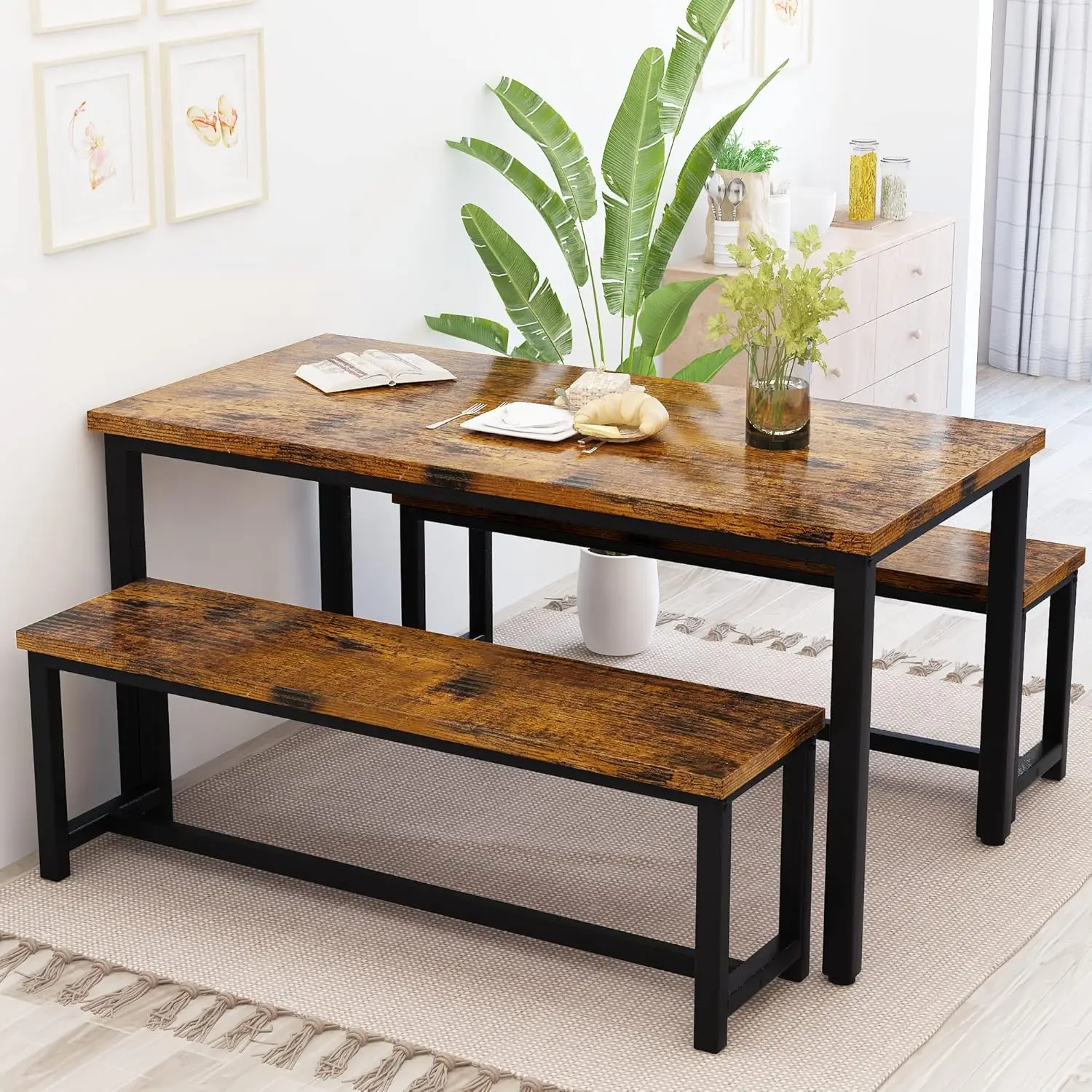 3-Piece Dining Table Set for 4, 43'' Dining Room Table Set with 2 Benches, Space-Saving Dinette Table with Metal Frame MDF Board 6