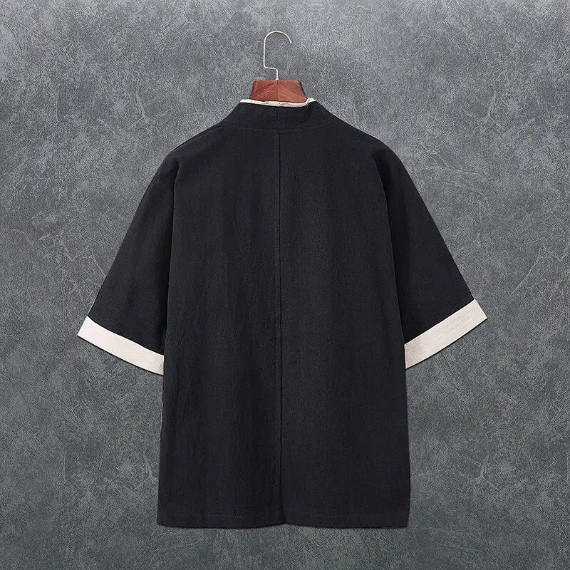 Sommer Japanischer Kimono Cardigan für Herren Leichter Leinen 3/4 Ärmel Offene Vorderseite Schwarz Traditioneller Haori Kimono – Detail 3