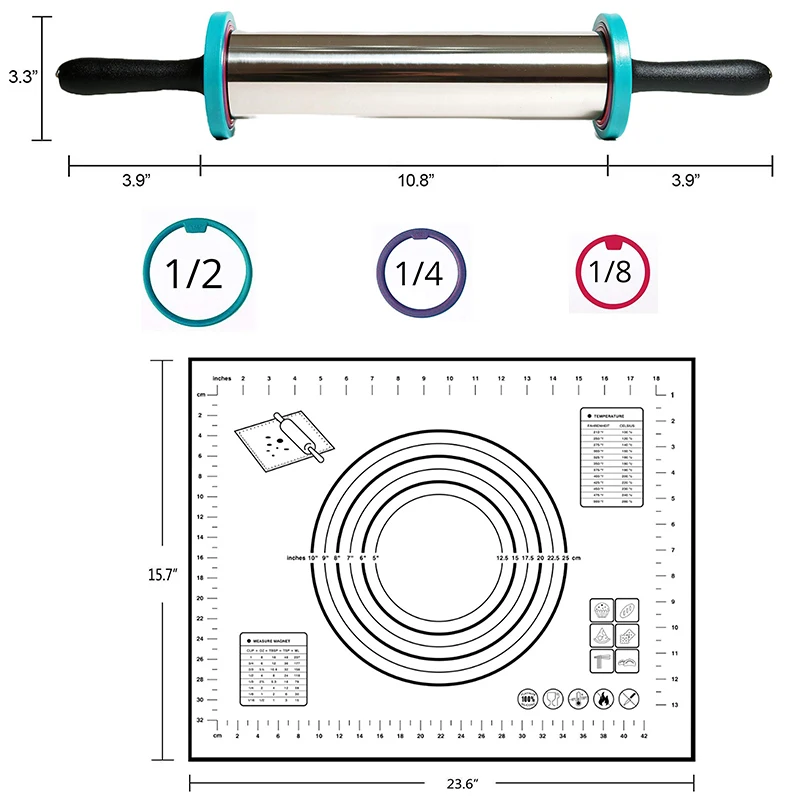 48cm Adjustable Rolling Pin With Non-stick Silicone Baking Mat Stainless Steel Fondant Rolling Pin Pizza Dough Pad Baking Liner