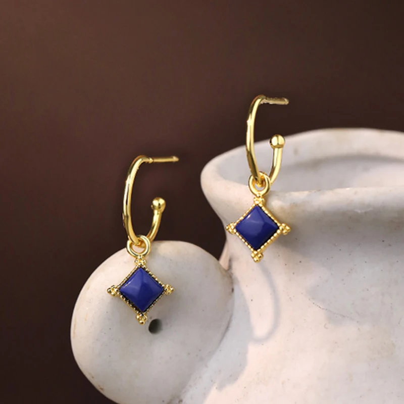 

S925 Sterling Silver Earrings Women Lapis Lazuli Earstuds Female High grade minimalist Design Luxury Jewelry Gift Lady Party