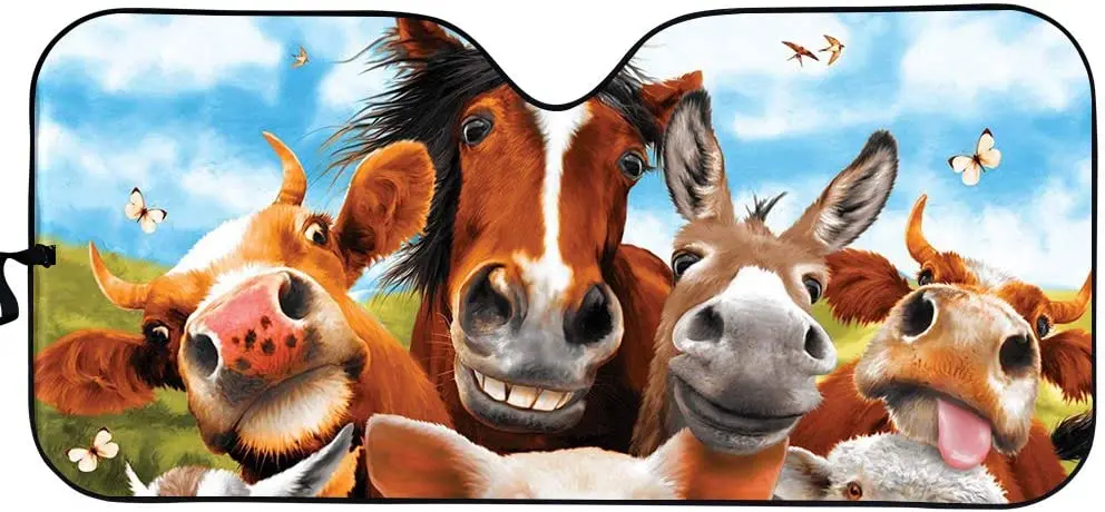 

ELEQIN Windshield Sun Shade Cute Animal Horse Pig Cow Print Car Front Window UV Protection Shades Universal Fit