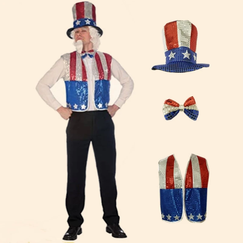 

Men Hat Bow Tie Vest Set Party Activity Sam Cosplay Costume American Flag 4th of July Patriotic Decor Independence Day Tank Tops