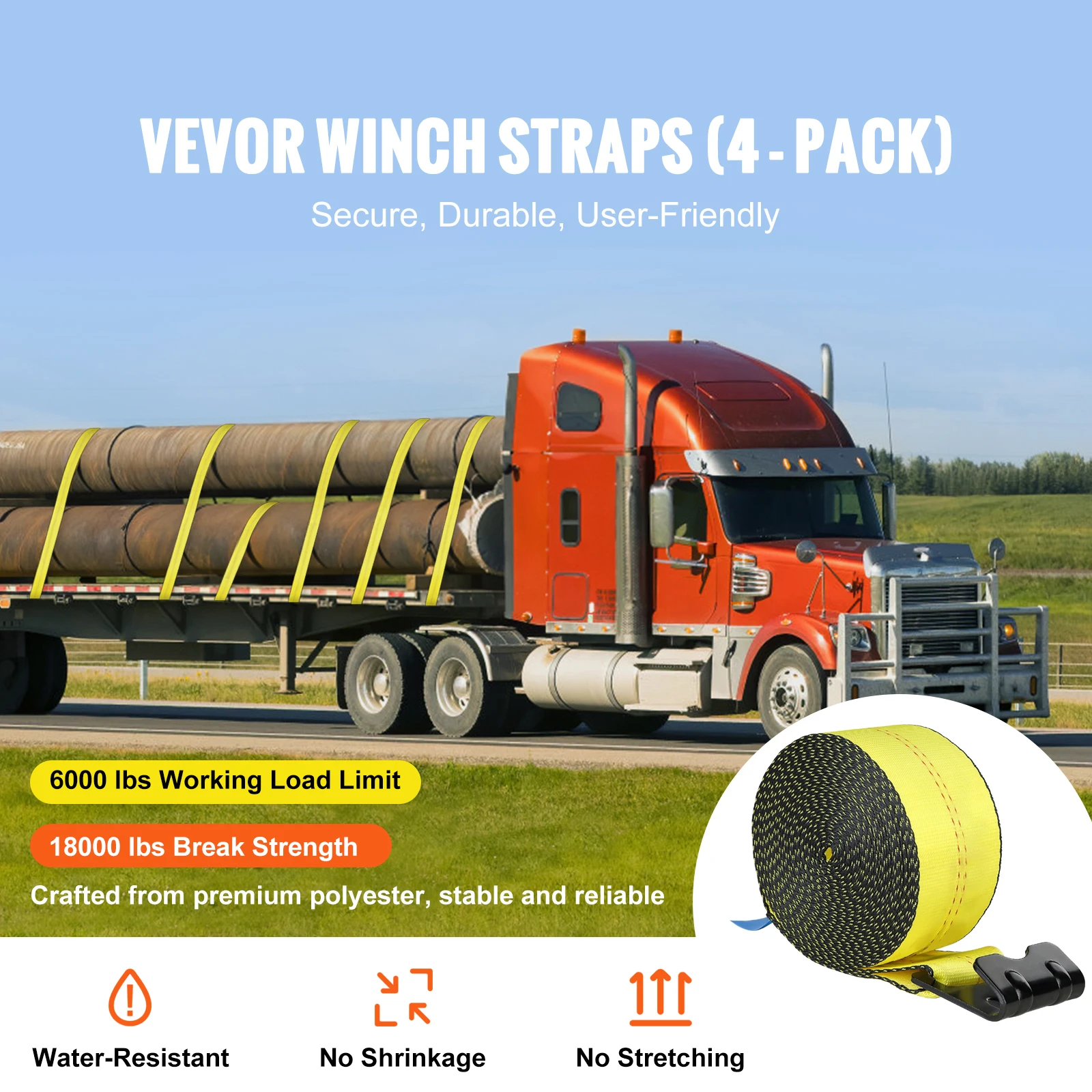 SucceBuy 4/10 Pack Winch Truck Straps with Flat Hook Flatbed Tie Downs Cargo Control for Trailers Farms Rescues Tree Saver