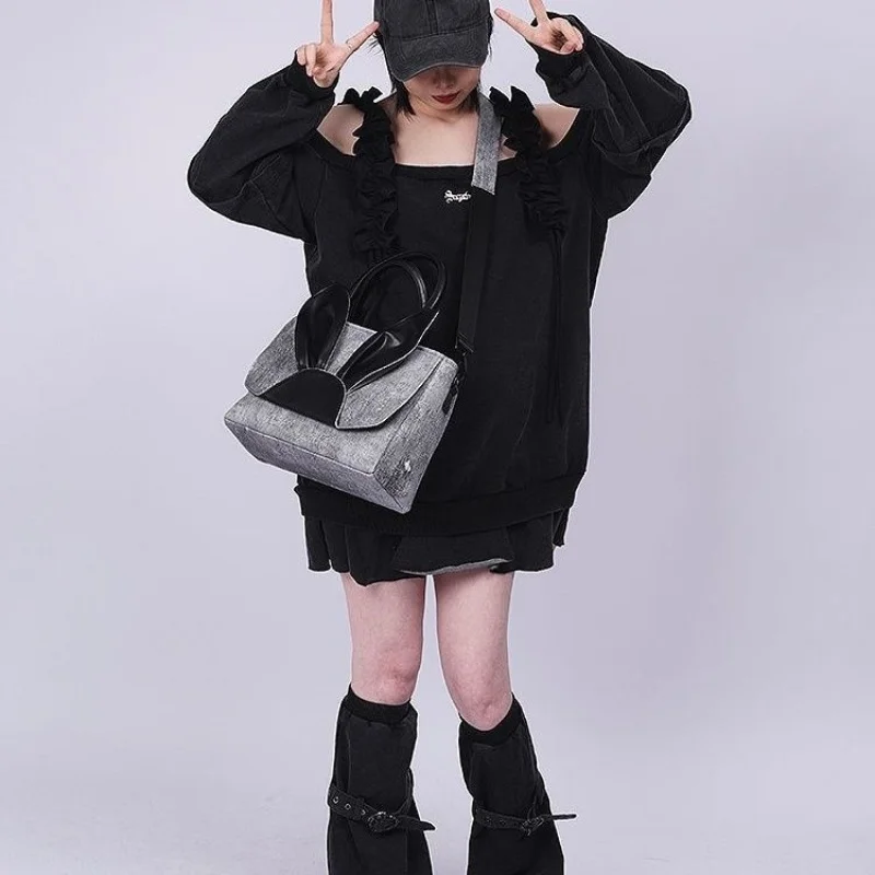 

Cute Rabbit Bag 2023 Japanese New Style Hot Girl Contrast Color Denim Large Capacity Shoulder Tote Bag for Class Commuting chic