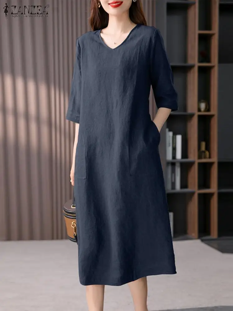 

Women Elegant Solid Dress Summer V Neck 3/4 Sleeve Robe Female Casual Holiday Sundress ZANZEA Fashion Cotton Dresses Vestidos