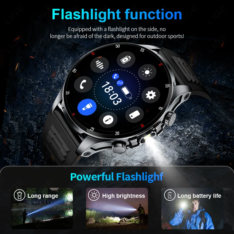 LIGE New Men's Voice Calling Smart Watch LED Flashlight 100+ Sports Fitness Outdoor Smart Watch Health Tracker For Android iOS