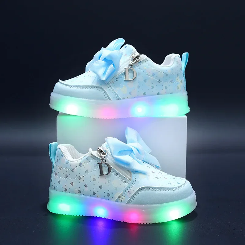 LED Girls Shoes Girls Cute Bow Kids Sneakers Fashion Luminous Sole Children Casual Shoes Zipper Student Walking Shoes Кроссовки 6