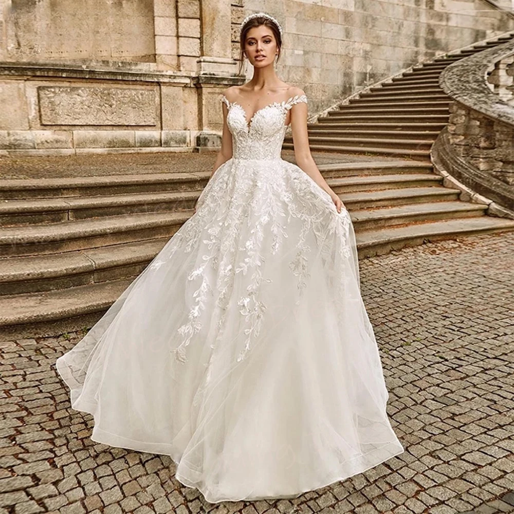 2025 Exquisite A Line Wedding Dresses Modern Appliques Lace Bride Gowns Sexy Cap Sleeve Tulle For Women Vestidos De Novia Boda 3
