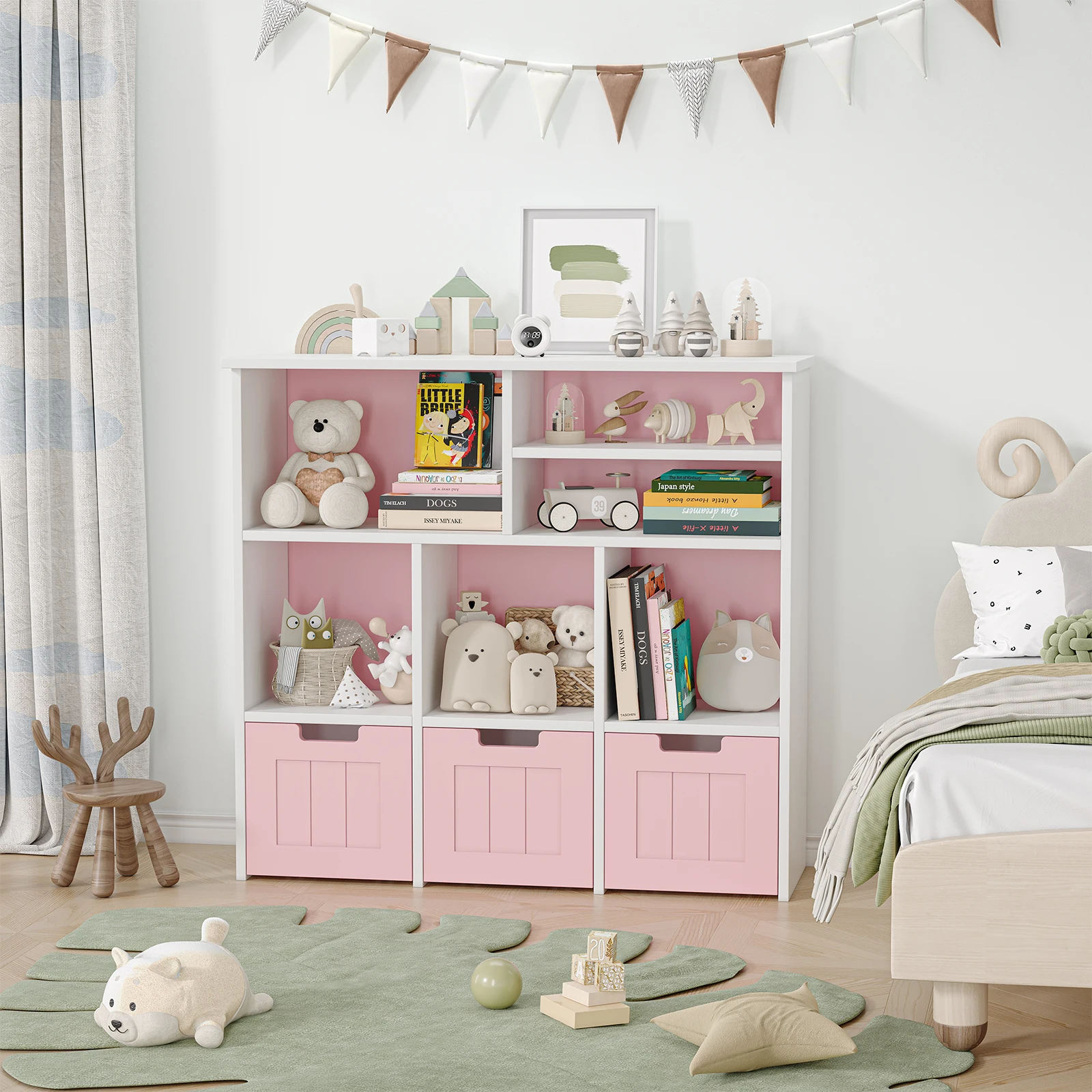 Toy Storage Cabinet with 3 Movable Drawers & 6 Cubes, Bookshelf with Hidden Wheels, Kids Bookcase Toy Storage Organizer 4