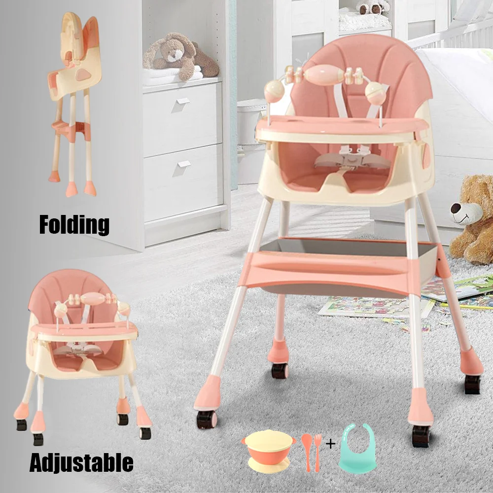 Foldable Baby High Chair with Double-Layer Dinner Plate and Toy Rack Eat & Play Convertible Dining Chairs For 6 Months Plus Baby