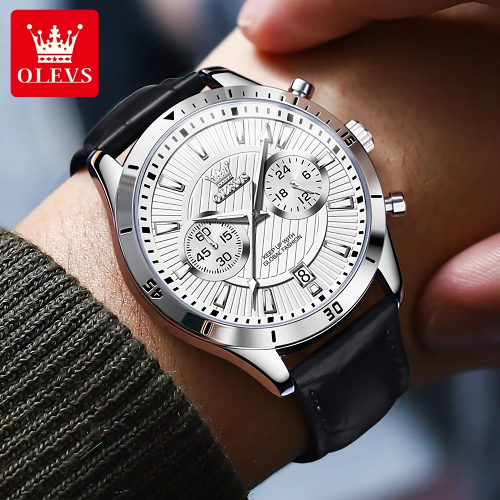 

OLEVS Fashion Chronograph Quartz Watch for Men Leather Strap Waterproof Luminous Calendar Mens Watches Top Brand Luxury Clock