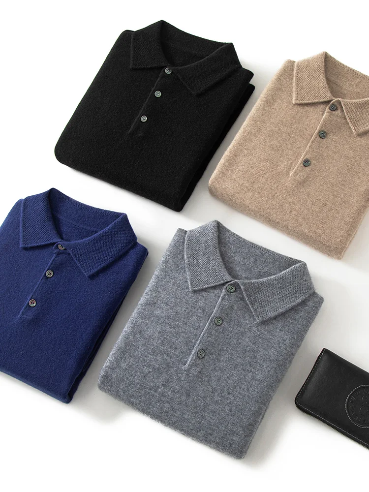 Men Cashmere Sweater Pullovers Autumn Winter Polo Collar Smart Casual Warm Knitted Soft 100% Cashmere Long Sleeve Clothing Tops 6