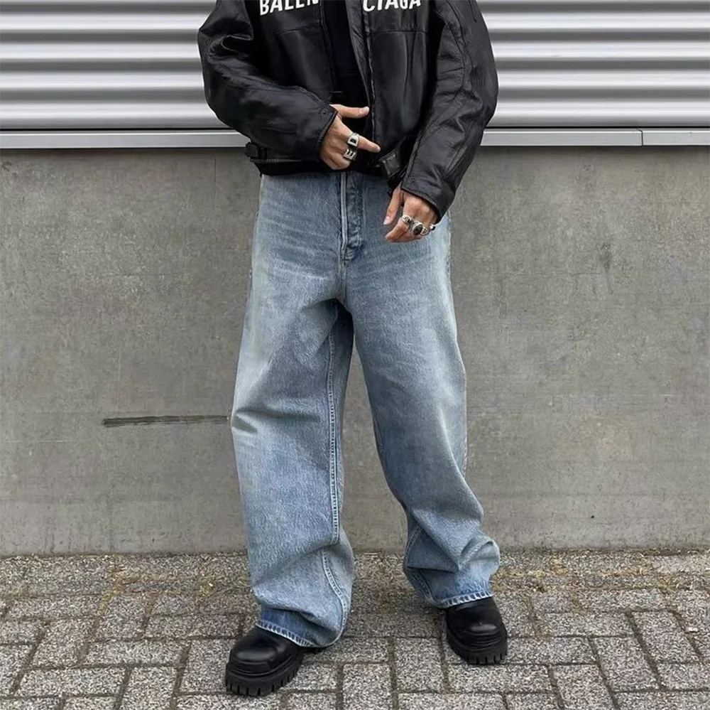 High Street Washed Blue Wide Leg Baggy Jeans for Men and Women 