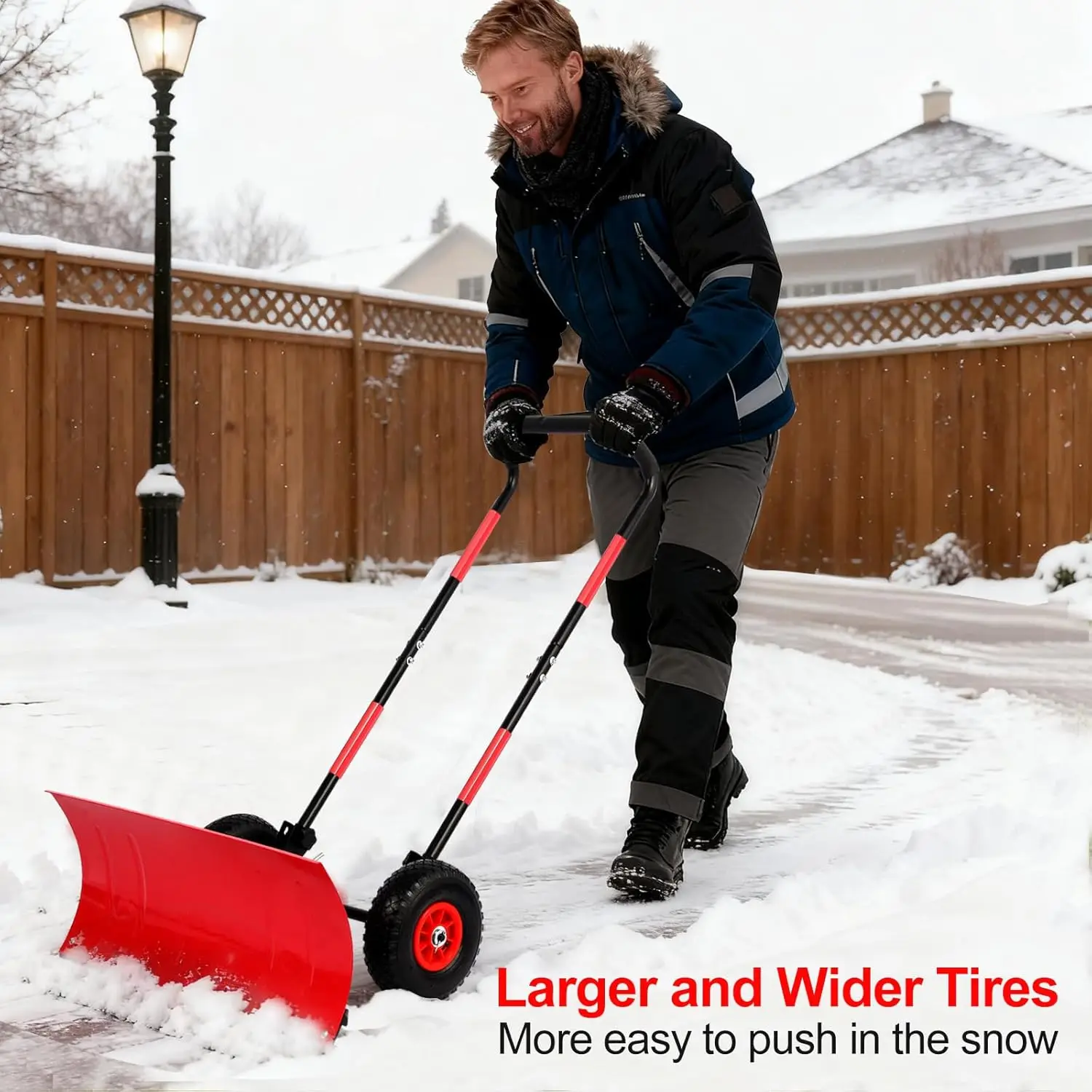 29" snow shovel with wider wheels,efficient snow removal tool,snow plow with adjustable handle and angled blade,snow pusher
