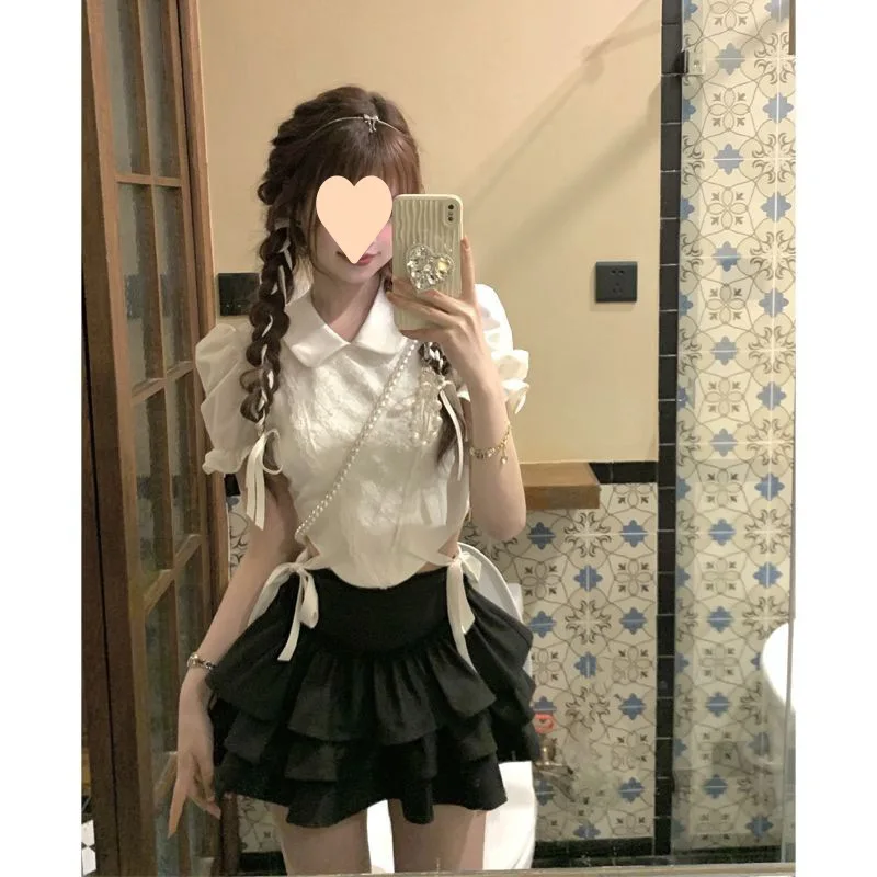 

Love Urgent Lace Cake Skirt+T-Shirt Top Two Piece Set French Gentle Short Academy Style 2024 New
