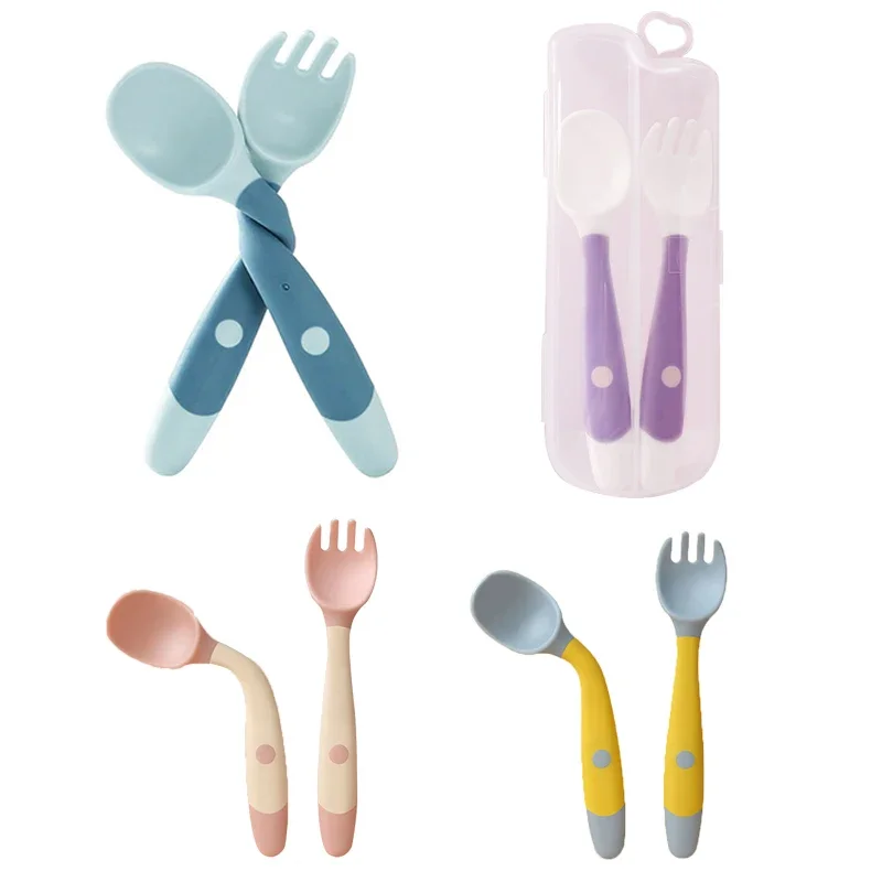 Silicone Cutlery Set Fork Spoon Set Baby Children Spoon Fork Set Soft Bendable Silicone Scoop Fork Kit Tableware Toddler Training Feeding Cutlery Utensil