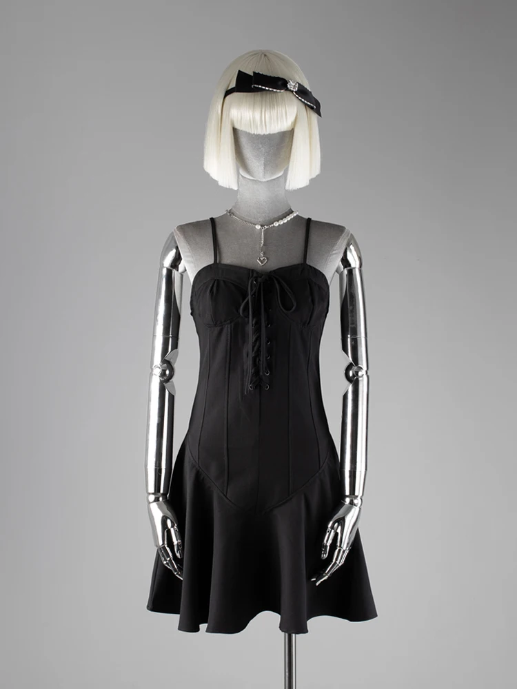 

Черные сексуальные платья-Корсеты на шнуровке с V-образным вырезом, Женский Летний Мини-сарафан с высокой талией, ТРАПЕЦИЕВИДНОЕ Бандажное платье на бретелях-спагетти для женщин