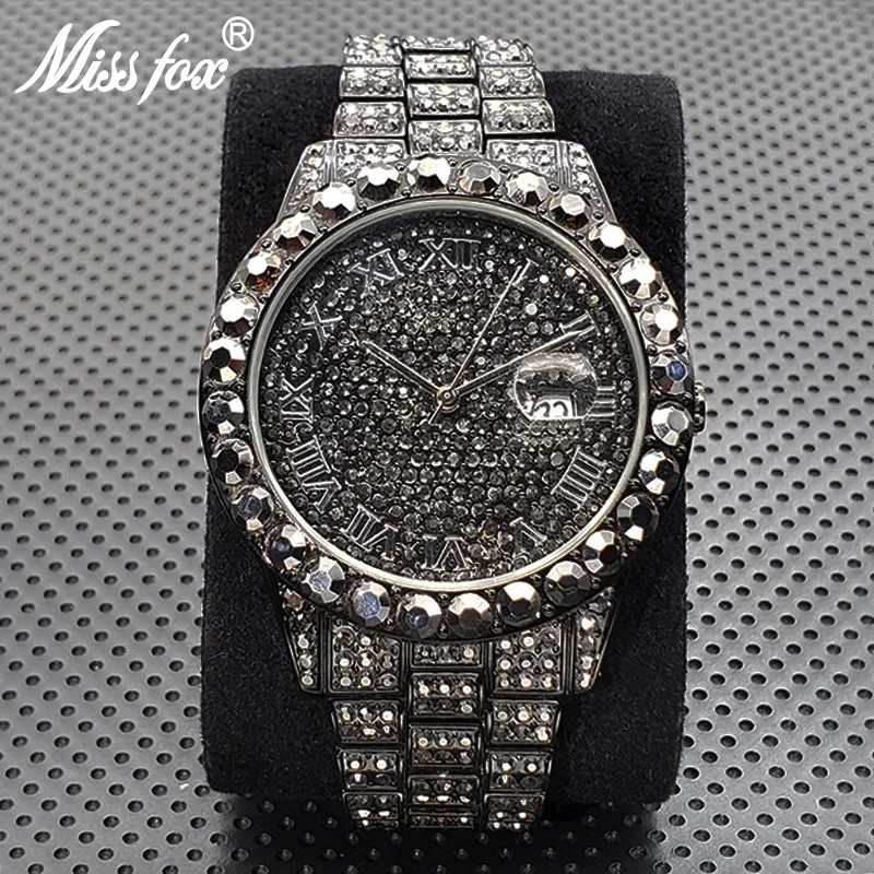 Stylish Black Crytal Watch For Men Unique Full Paved Diamond Quartz Timepiece Top Brand Fashion Bling Ice Out Male Hip Hop Clock hkxytsu anti light ultra thin frame projection screen 2 35 1 with black crytal diamond fabric acoustic transparent woven screen