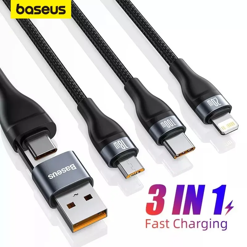 Baseus 3 in 2 USB Type C Cable for iPhone 14 13 12 Pro 11 Charger Cable 100W 3 in 1 Cable for Samsung Xiaomi Mi Macbook