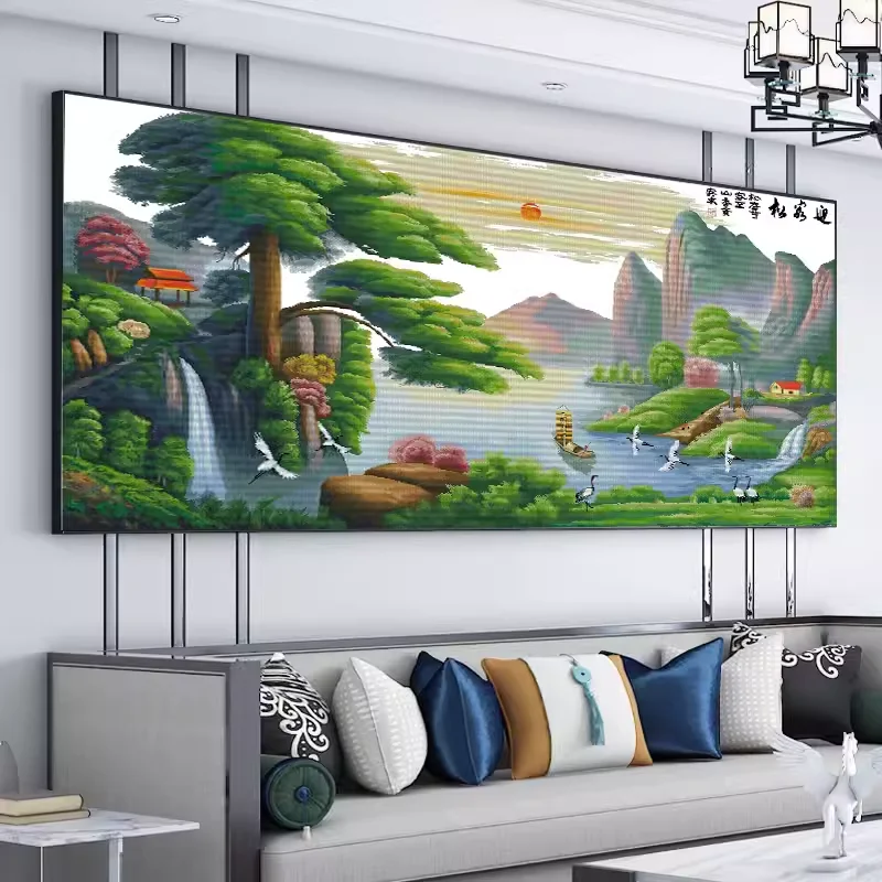 Welcome pine handmade cross stitch finished product, grand living room atmosphere, landscape painting, flowing water, wall art