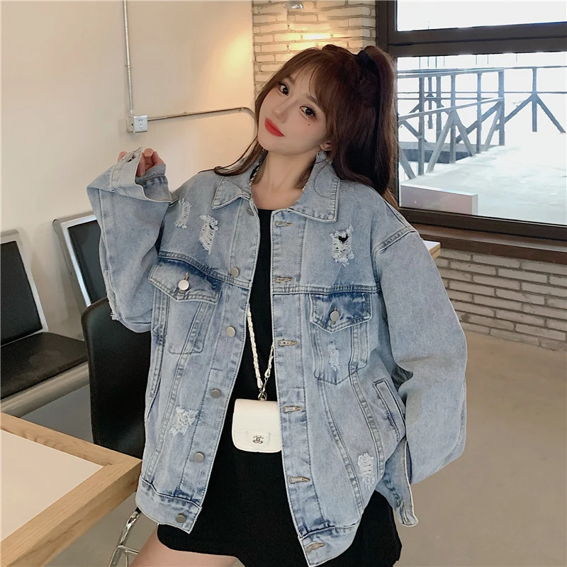 

2023 New Style Denim Coat Women's Korean Loose Tattered Jacket Long Sleeve Lapel Free Shipping