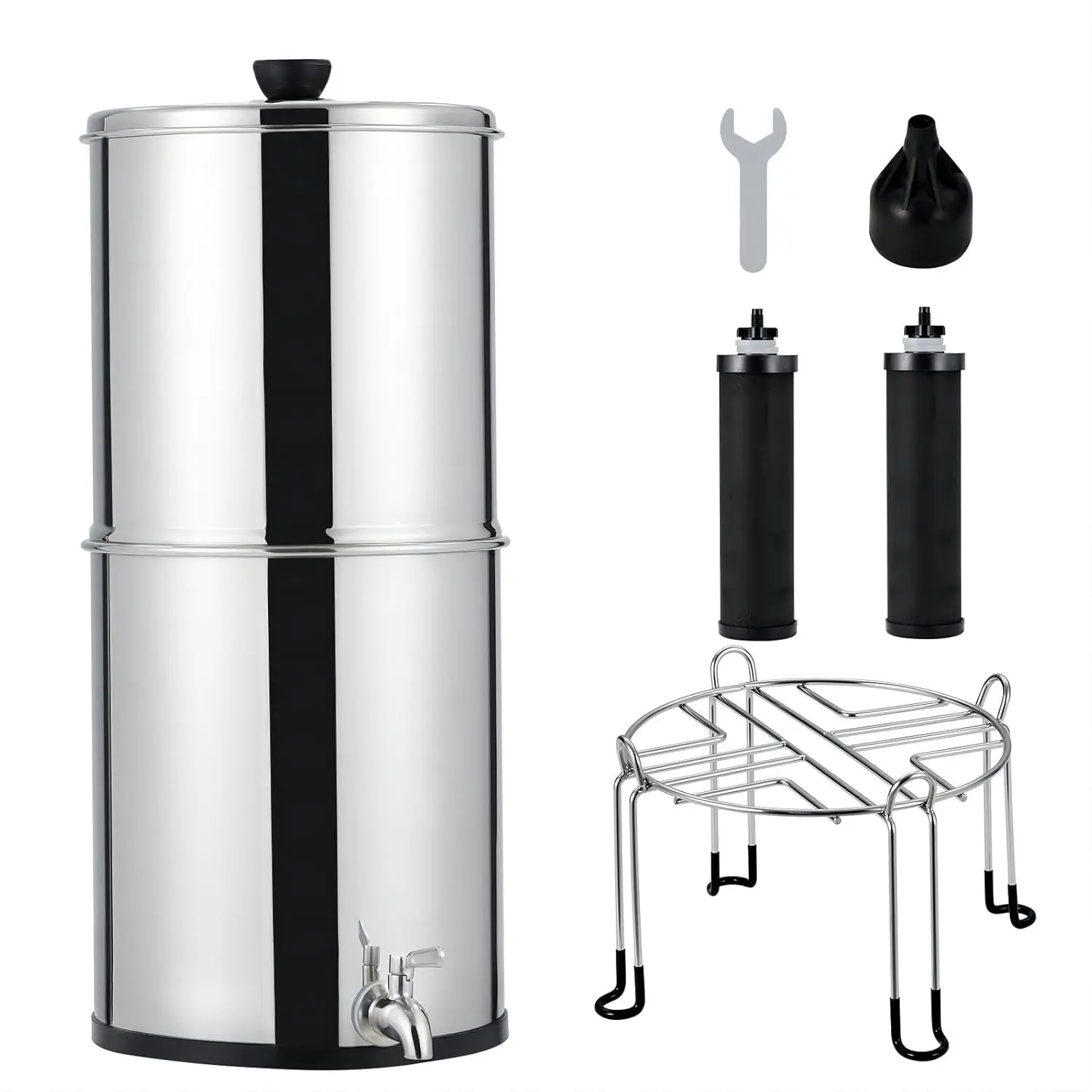 2.25G Capacity Stainless Steel Gravity Fed Water Filter System With 2 Black Carbon Filters & Water Level Spigot & Stand, Basic