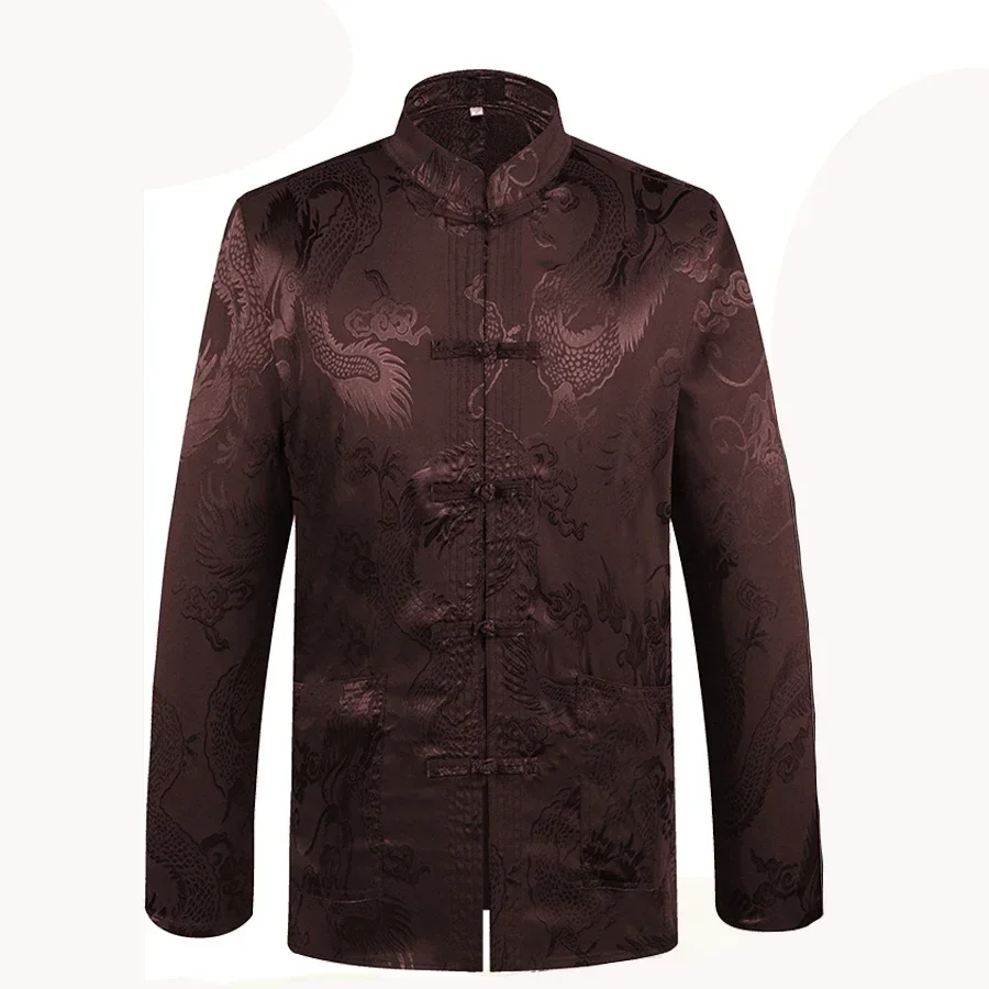 

Brand Designer Chinese Traditional Men's Satin Mandarin Collar Dragon Silk Tang Suit Clothing Kung Fu Jacket Coat YZT1205